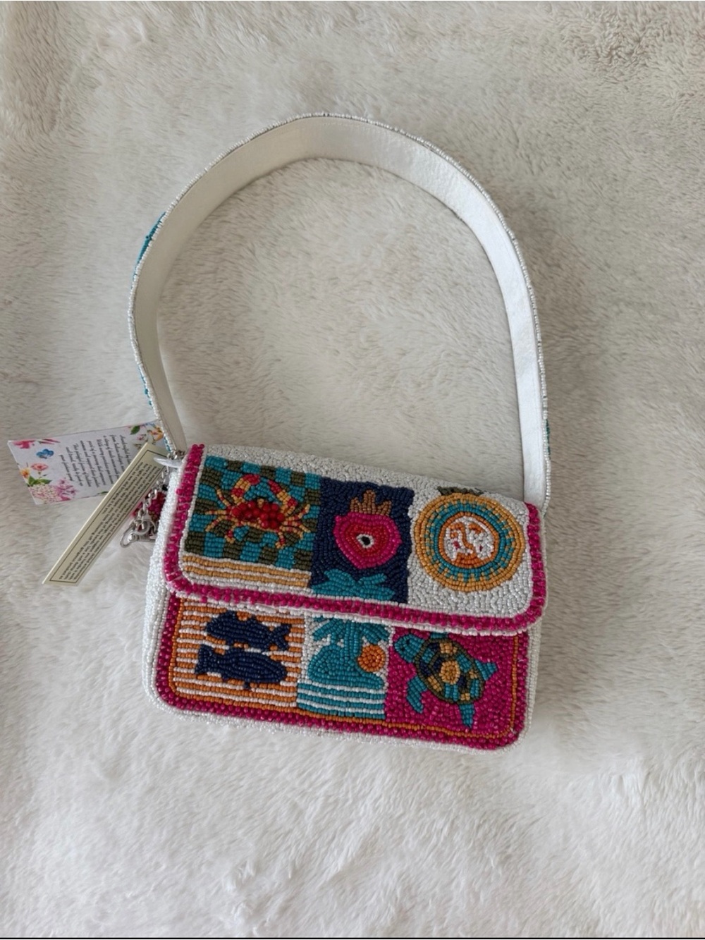 NWT Handmade India Beaded Shoulder Bag Coastal, Evil Eye Bag Charm Pink Wht Blue